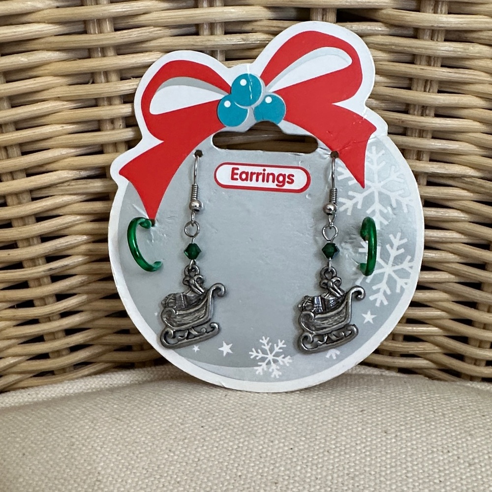 Stocking Stuffer Pewter Santa’s Sleigh Hook & Green Hoop Post Earrings Set